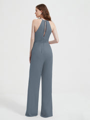 Halter Neckline Sleeveless Pleated Jumpsuit With Sash Slate Blue
