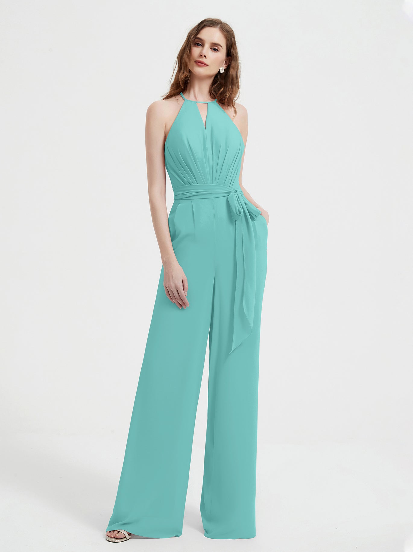 BABARONI Chiffon Spa Bridesmaid Dresses Halter Floor-length Sleeveless Sash Bow Pocket Pleated, Spa / US0