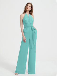 Halter Neckline Sleeveless Pleated Jumpsuit With Sash Spa Plus Size