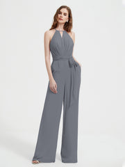 Halter Neckline Sleeveless Pleated Jumpsuit With Sash Steel Grey