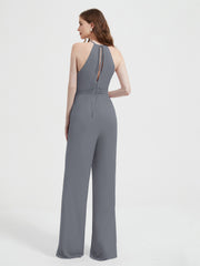 Halter Neckline Sleeveless Pleated Jumpsuit With Sash Steel Grey