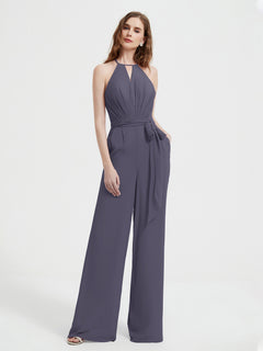 Halter Neckline Sleeveless Pleated Jumpsuit With Sash Stormy Plus Size