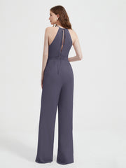 Halter Neckline Sleeveless Pleated Jumpsuit With Sash Stormy Plus Size