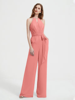 Halter Neckline Sleeveless Pleated Jumpsuit With Sash Sunset Plus Size