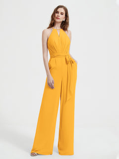 Halter Neckline Sleeveless Pleated Jumpsuit With Sash Tangerine Plus Size