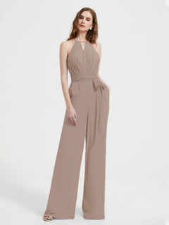 Halter Neckline Sleeveless Pleated Jumpsuit With Sash Taupe Plus Size