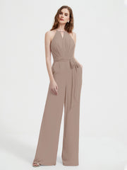 Halter Neckline Sleeveless Pleated Jumpsuit With Sash Taupe