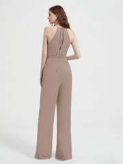 Halter Neckline Sleeveless Pleated Jumpsuit With Sash Taupe Plus Size