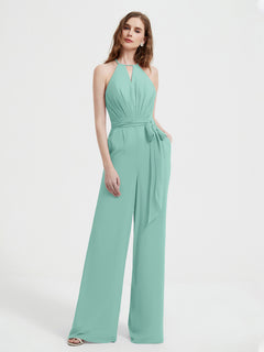 Halter Neckline Sleeveless Pleated Jumpsuit With Sash Turquoise Plus Size