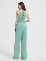 Halter Neckline Sleeveless Pleated Jumpsuit With Sash Turquoise Plus Size