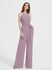 Halter Neckline Sleeveless Pleated Jumpsuit With Sash Vintage Mauve Plus Size