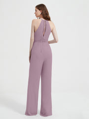 Halter Neckline Sleeveless Pleated Jumpsuit With Sash Vintage Mauve Plus Size