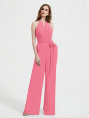 Halter Neckline Sleeveless Pleated Jumpsuit With Sash Watermelon