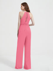 Halter Neckline Sleeveless Pleated Jumpsuit With Sash Watermelon Plus Size