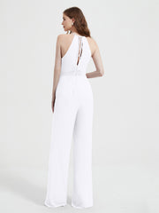 Halter Neckline Sleeveless Pleated Jumpsuit With Sash White