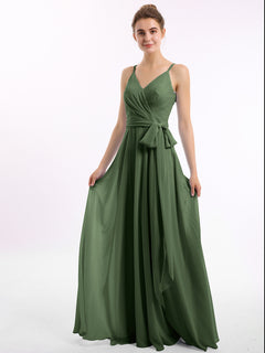 Spaghetti Strap Chiffon Dresses with Sash Bow-Olive Green