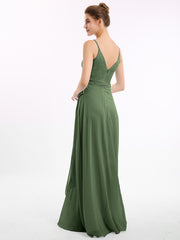 Spaghetti Strap Chiffon Dresses with Sash Bow-Olive Green
