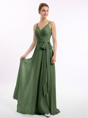 Spaghetti Strap Chiffon Dresses with Sash Bow-Olive Green