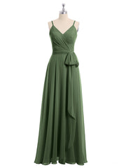 Spaghetti Strap Chiffon Dresses with Sash Bow-Olive Green