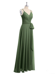 Spaghetti Strap Chiffon Dresses with Sash Bow-Olive Green