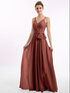 Spaghetti Strap Chiffon Dresses with Sash Bow-Terracotta