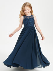 Long Junior Bridesmaid Dresses Illusion Lace Top Dark Navy