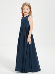 Long Junior Bridesmaid Dresses Illusion Lace Top Dark Navy