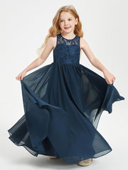 Long Junior Bridesmaid Dresses Illusion Lace Top Dark Navy