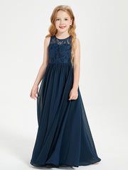 Long Junior Bridesmaid Dresses Illusion Lace Top Dark Navy
