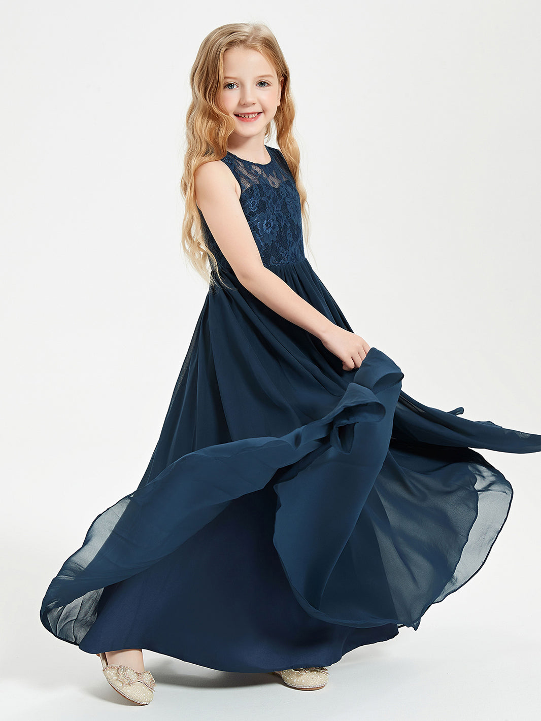 Flowy Chiffon A-Line Long Junior Bridesmaid Dresses Coral main image 1