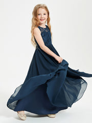 Long Junior Bridesmaid Dresses Illusion Lace Top Dark Navy