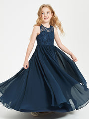 Long Junior Bridesmaid Dresses Illusion Lace Top Dark Navy