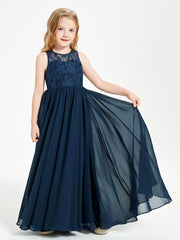 Long Junior Bridesmaid Dresses Illusion Lace Top Dark Navy