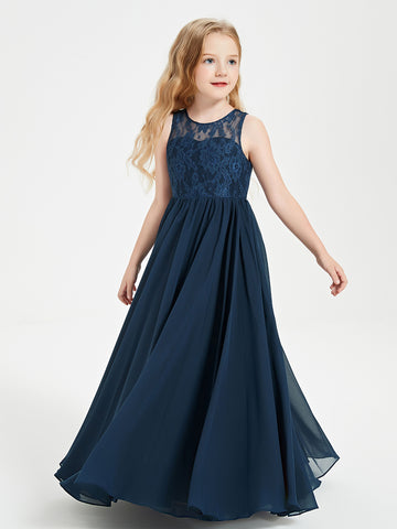Pleated Lace Chiffon Long Junior Bridesmaid Gown Dark Navy