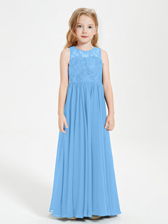 Long Junior Bridesmaid Dresses Illusion Lace Top Blue