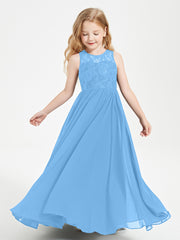 Long Junior Bridesmaid Dresses Illusion Lace Top Blue