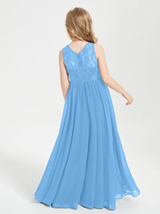 Long Junior Bridesmaid Dresses Illusion Lace Top Blue