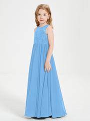 Long Junior Bridesmaid Dresses Illusion Lace Top Blue