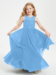 Long Junior Bridesmaid Dresses Illusion Lace Top Blue