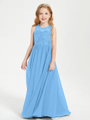 Long Junior Bridesmaid Dresses Illusion Lace Top Blue