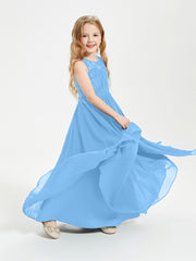Long Junior Bridesmaid Dresses Illusion Lace Top Blue