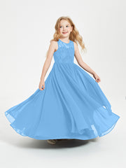 Long Junior Bridesmaid Dresses Illusion Lace Top Blue