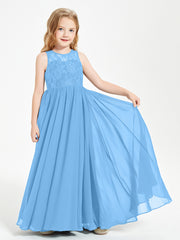 Long Junior Bridesmaid Dresses Illusion Lace Top Blue