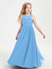 Long Junior Bridesmaid Dresses Illusion Lace Top Blue