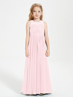 Long Junior Bridesmaid Dresses Illusion Lace Top Blushing Pink