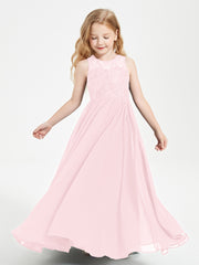 Long Junior Bridesmaid Dresses Illusion Lace Top Blushing Pink