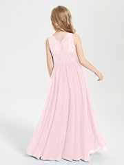 Long Junior Bridesmaid Dresses Illusion Lace Top Blushing Pink