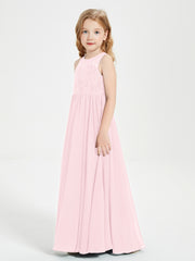 Long Junior Bridesmaid Dresses Illusion Lace Top Blushing Pink