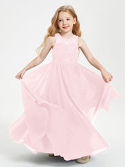 Long Junior Bridesmaid Dresses Illusion Lace Top Blushing Pink