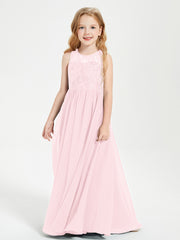 Long Junior Bridesmaid Dresses Illusion Lace Top Blushing Pink